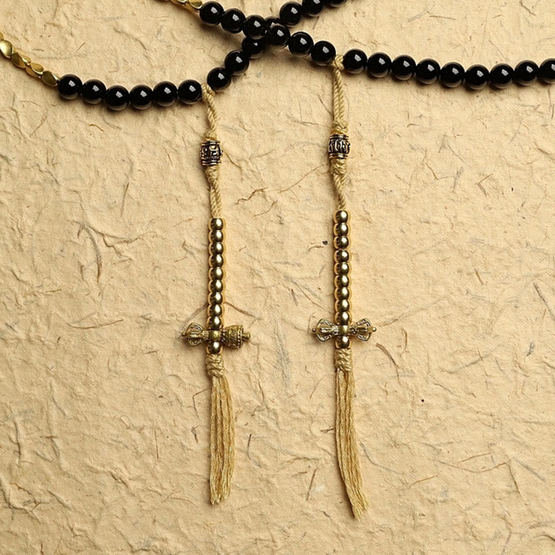 Buddha Stones Tibetano 108 Mala Beads Onice Nero Tre Occhi Dzi Beads Bracciale di Protezione - image 5
