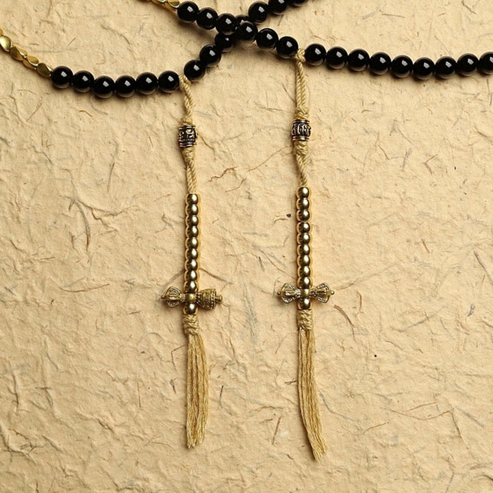 Buddha Stones Tibetano 108 Mala Beads Onice Nero Tre Occhi Dzi Beads Bracciale di Protezione - image 5