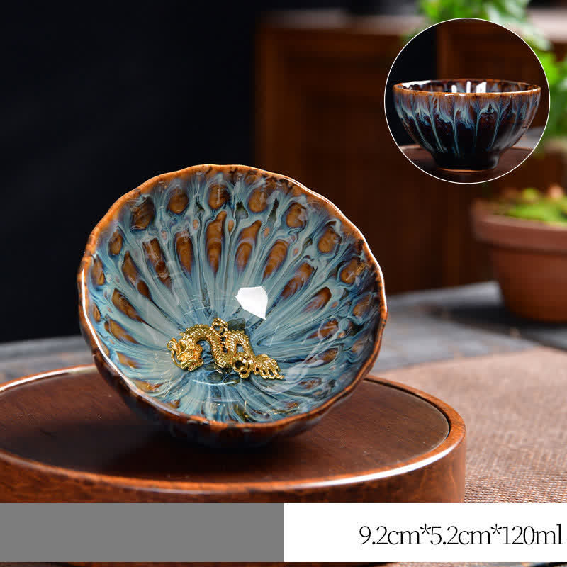 Buddha Stones Lotus Pavone Drago Fenice Koi Pesce Tazza da tè in ceramica Tazze da tè intarsiate 120ml - Oro - Drago - image 13