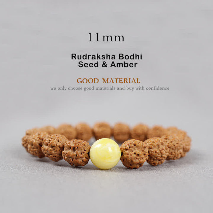 Buddha Stones Tibet Rudraksha Bodhi Seed Dzi Bead Ambra Turchese Bracciale della Ricchezza - 11 mm - Seme di Rudraksha Bodhi e ambra - image 18
