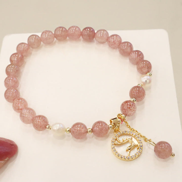 Braccialetto di guarigione con ciondolo a forma di carattere Fu, con ciondolo a forma di coda di pesce , con perle di quarzo fragola e alce sorridente