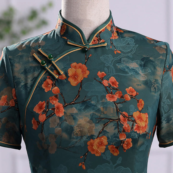 Abito da donna in cheongsam con stampa di piume di peonia e fiori di loto retrò Buddha Stones - image 4