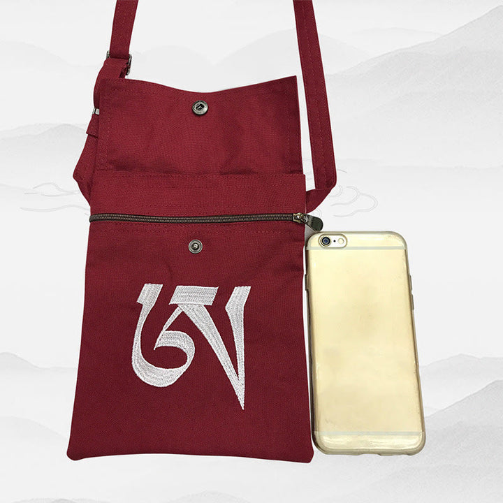 Borsa a tracolla in cotone ricamata a mano con mantra OM e pratica spirituale della mente, borsa a tracolla per cellulare - image 3