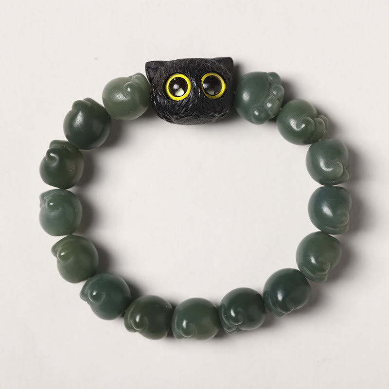 Buddha Stones Semi di Bodhi naturali Zampa adorabile Braccialetto di saggezza del gatto fortunato in legno di ebano - Seme di Bodhi verde - Versione semplice (circonferenza del polso 14-15 cm) - image 14