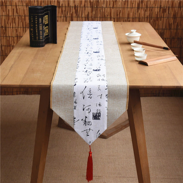 Buddha Stones Stile cinese classico Loto Koi Pesce Fiore Gru Calligrafia Illuminazione Cotone Lino Nappe Runner da tavolo