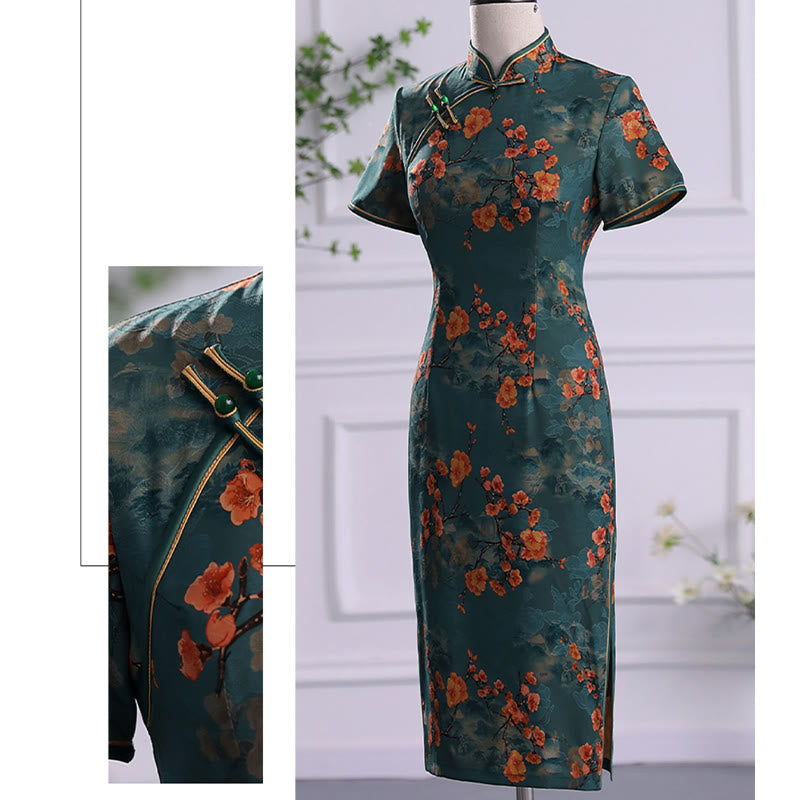 Abito da donna in cheongsam con stampa di piume di peonia e fiori di loto retrò Buddha Stones - image 11
