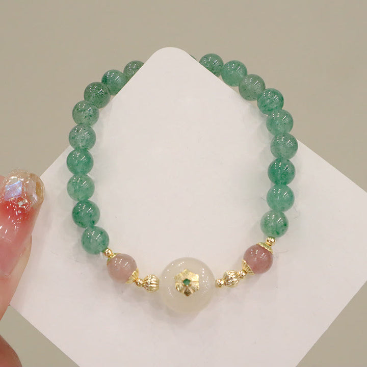 Braccialetto della gratitudine con fiore di calcedonio e quarzo fragola verde naturale Buddha Stones