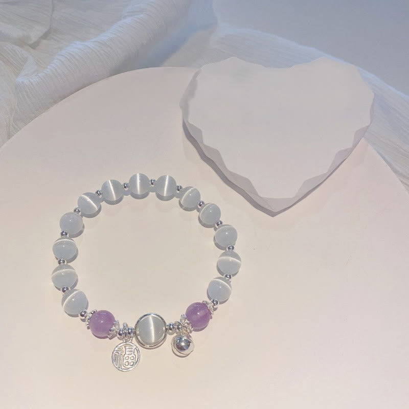 Braccialetto di supporto con ciondolo a forma di campana con carattere Fu, in ametista e occhio di gatto , Buddha Stones