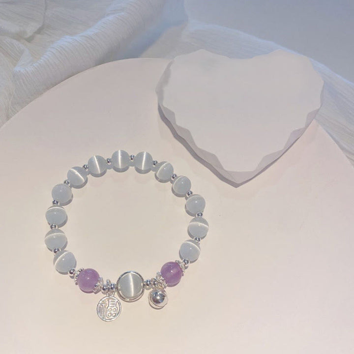 Braccialetto di supporto con ciondolo a forma di campana con carattere Fu, in ametista e occhio di gatto , Buddha Stones