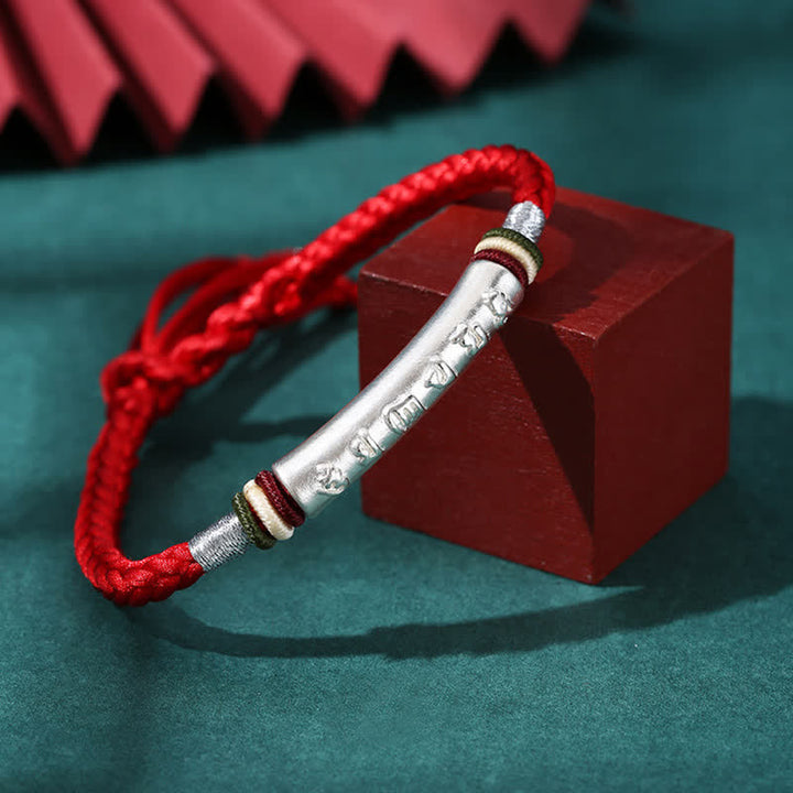 Braccialetto di corda di protezione e forza Om Mani Padme Hum in argento sterling 999 Buddha Stones - Argento Sterling 999 - Rosso (misura del braccialetto 16+4,5 cm) - image 0