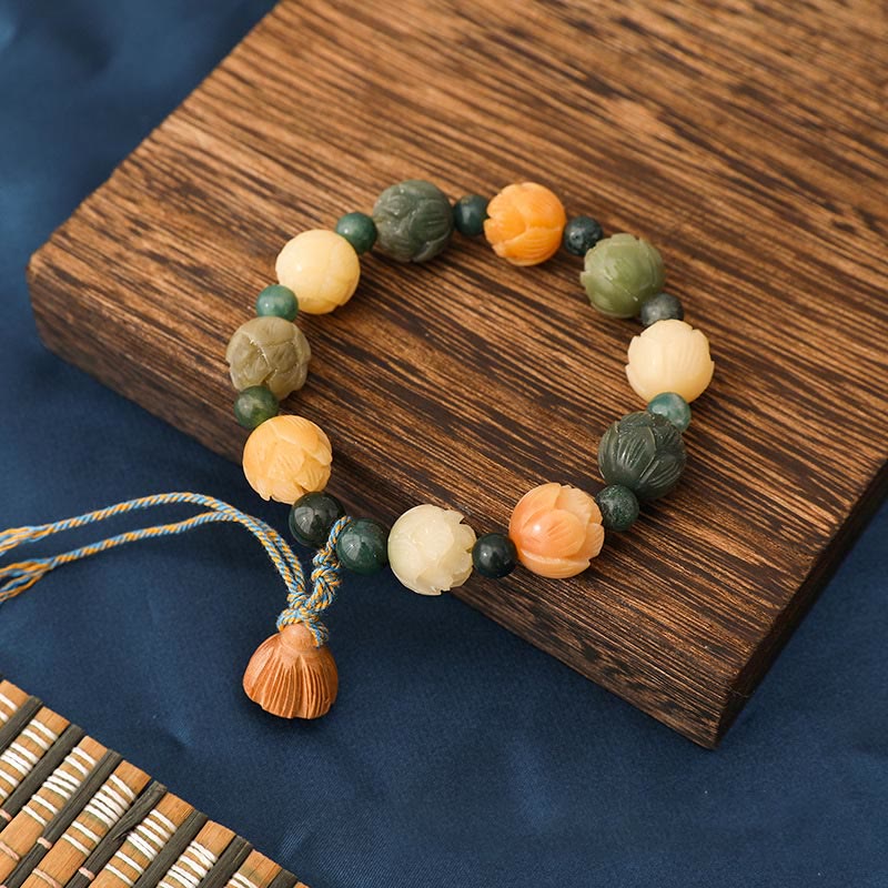 Braccialetto Buddha Stones Bodhi Seed Lotus Bead inciso Muschio Agata Pace Calma