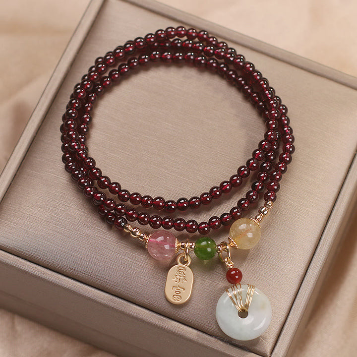 Buddha Stones Granato naturale Cristallo di quarzo fragola Volpe Koi Pesce Pace Fibbia Fortuna Protezione Braccialetto a triplo giro