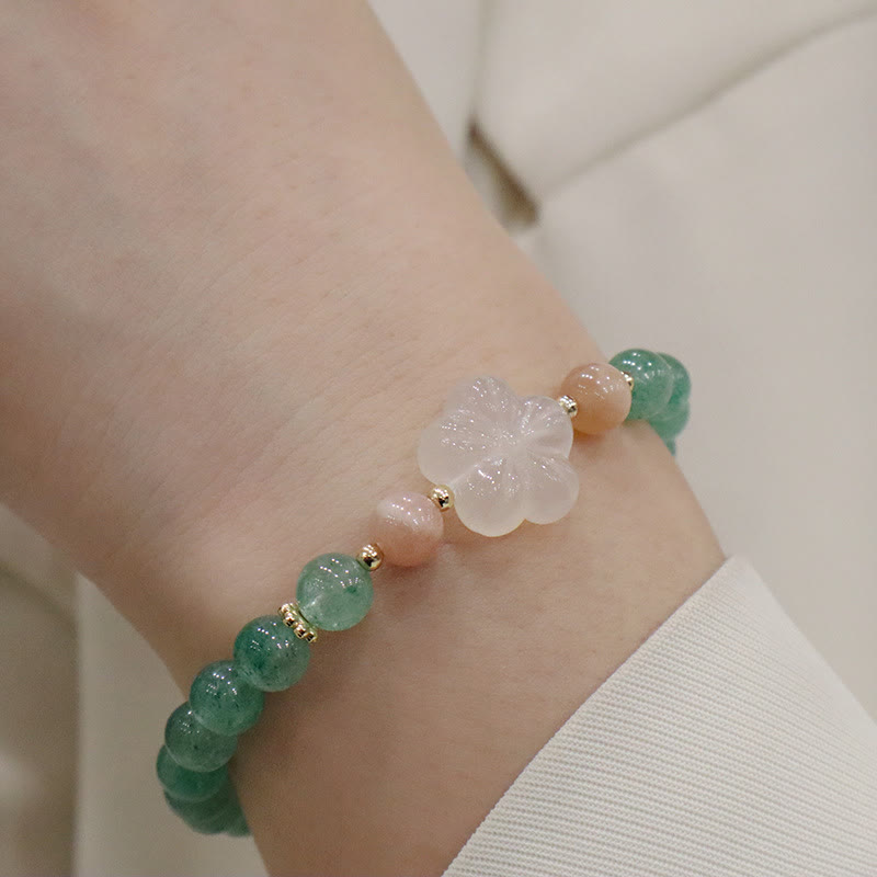 Braccialetto della gratitudine con fiore di calcedonio e quarzo fragola verde naturale Buddha Stones