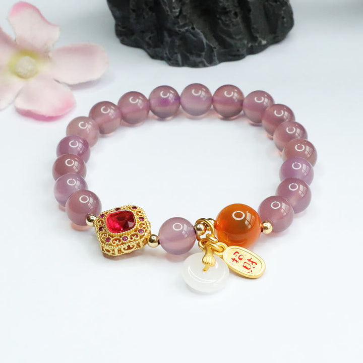 Buddha Stones Calcedonio viola naturale Agata caramella Fibbia della pace Armonia Braccialetto portafortuna
