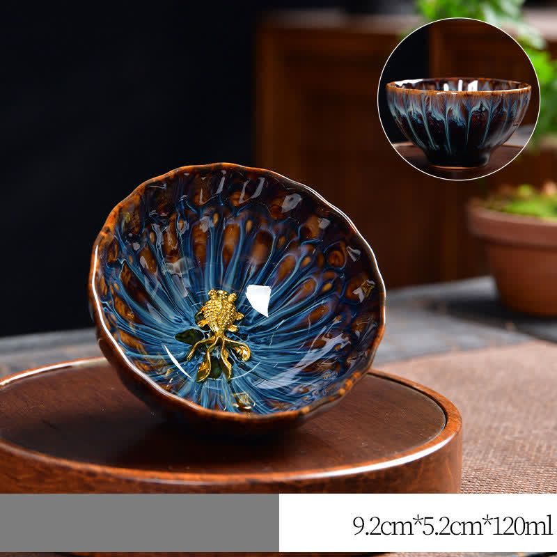 Buddha Stones Lotus Pavone Drago Fenice Koi Pesce Tazza da tè in ceramica Tazze da tè intarsiate 120ml - Oro - Pesce Koi - image 15