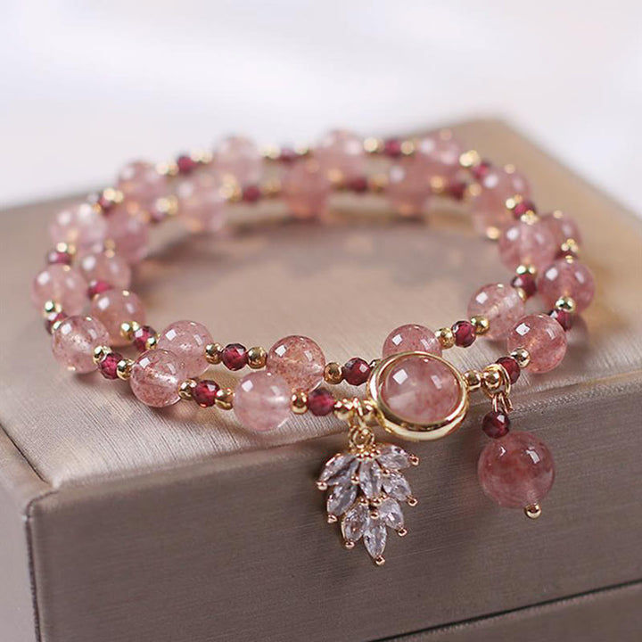 Braccialetto a doppio giro con ciondolo a forma di foglia d'acero con quarzo fragola naturale Buddha Stones Love Healing