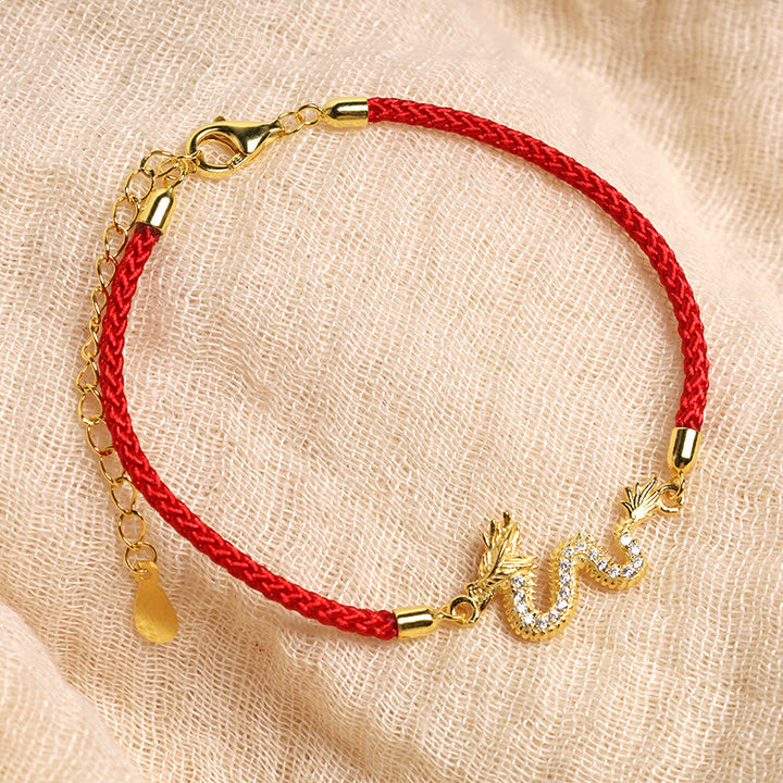 Buddha Stones con catena in corda rossa con drago dorato di buon auspicio, in argento sterling 925, anno del drago - image 3