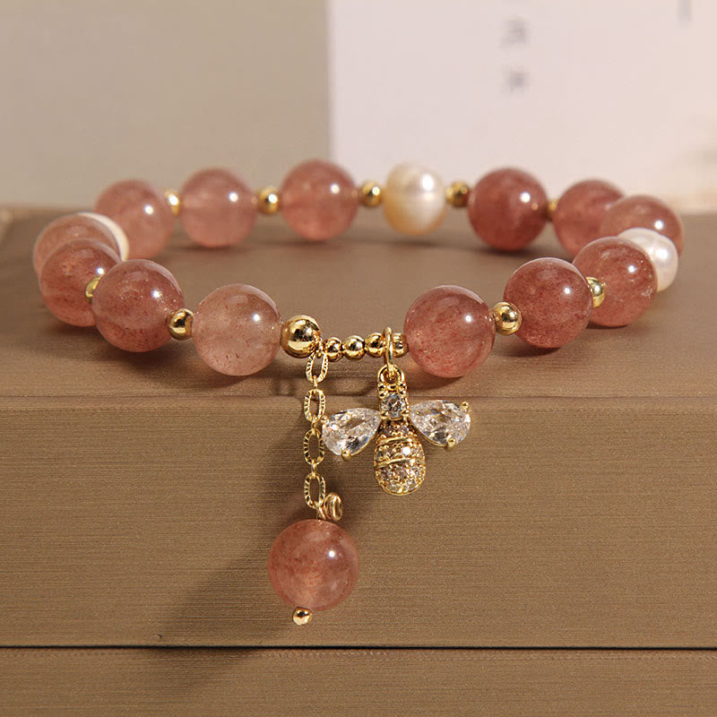 Braccialetto con ciondolo positivo ape con zircone carino e quarzo fragola perla Buddha Stones