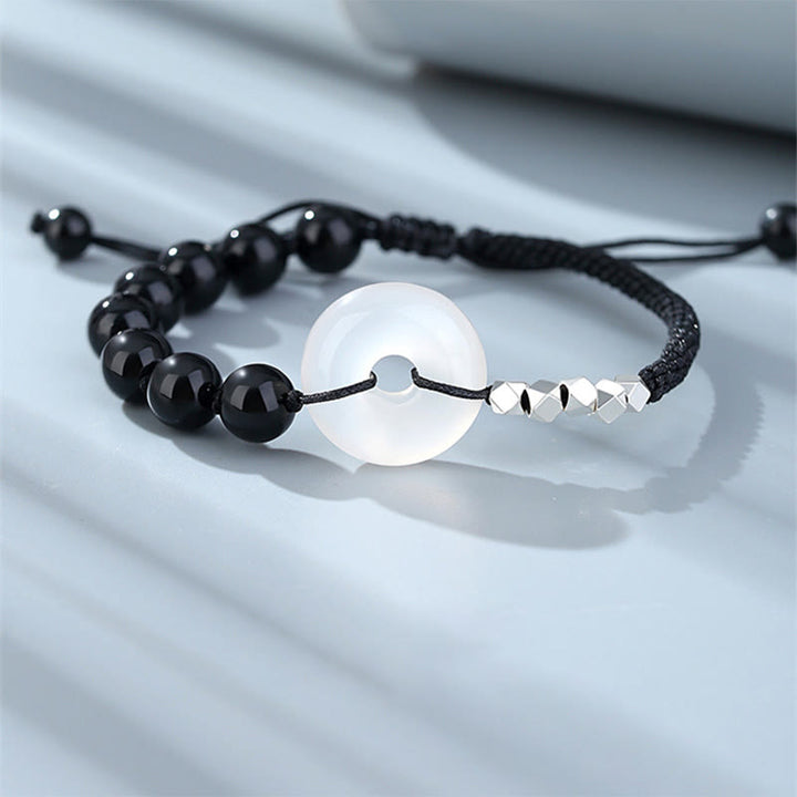 Bracciale Buddha Stones 925 Sterling Silver Ossidiana Nera Agata Fibbia della Pace Forza