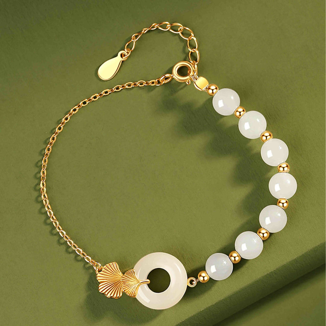 Braccialetto della fortuna con foglia di ginkgo e fibbia della pace in argento sterling 925 con Buddha Stones e giada bianca Hetian - image 1