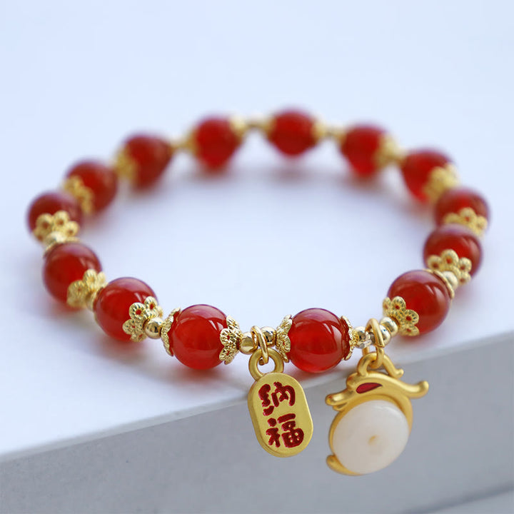 Buddha Stones Anno del Drago Agata Rossa Avventurina Verde Fibbia della Pace Carattere Fu Bracciale Fortunato