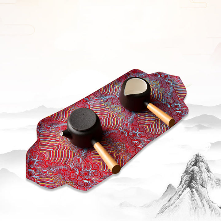 Buddha Stones Sea Wave Bamboo Plum Blossom Broccato Ricamo Sottobicchiere per tazza da tè Kung Fu Tappetino da tè