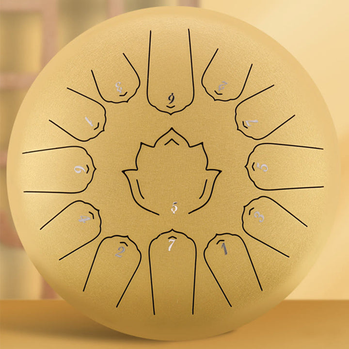 Buddha Stones Steel Tongue Drum Sound Healing Mindfulness Lotus Pattern Yoga Drum Kit 13 Note 12 Pollici Strumento a percussione