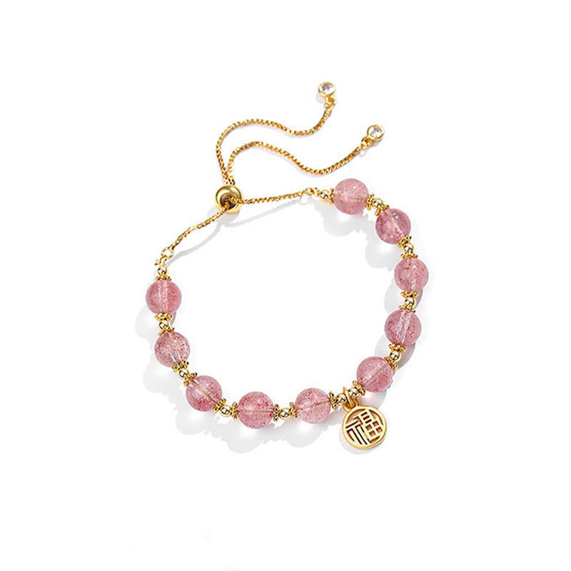Bracciale con ciondolo positivo Fu Character Buddha Stones placcato oro 14K con quarzo fragola naturale
