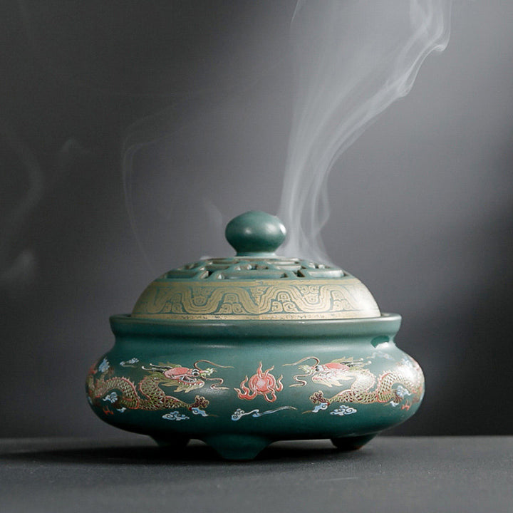Bruciatore di incenso per meditazione in ceramica con motivo floreale a drago e fontana di fumo a riflusso