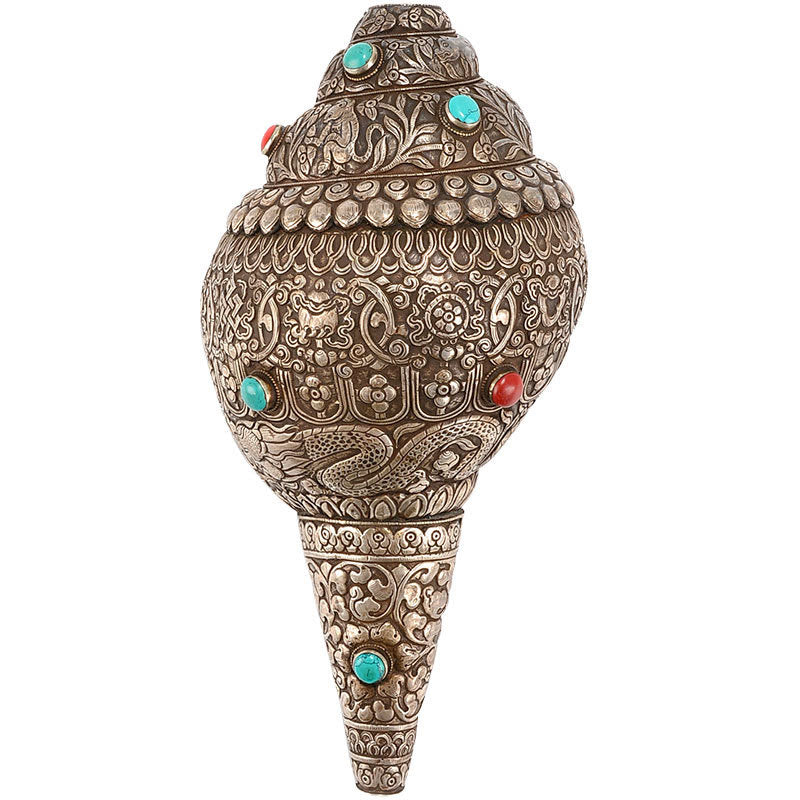 Tibetano fatto a mano naturale Shankha inciso otto simboli di buon auspicio conchiglia fortunata decorazione per la casa - image 1