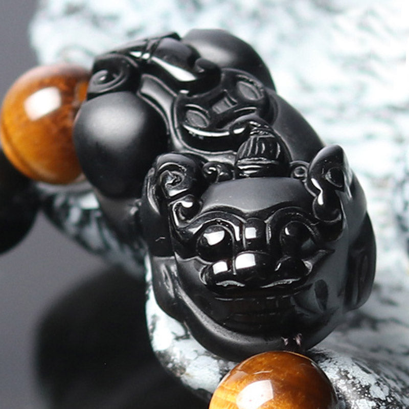 Braccialetto della ricchezza in occhio di tigre con ossidiana arcobaleno Buddha Stones FengShui PiXiu