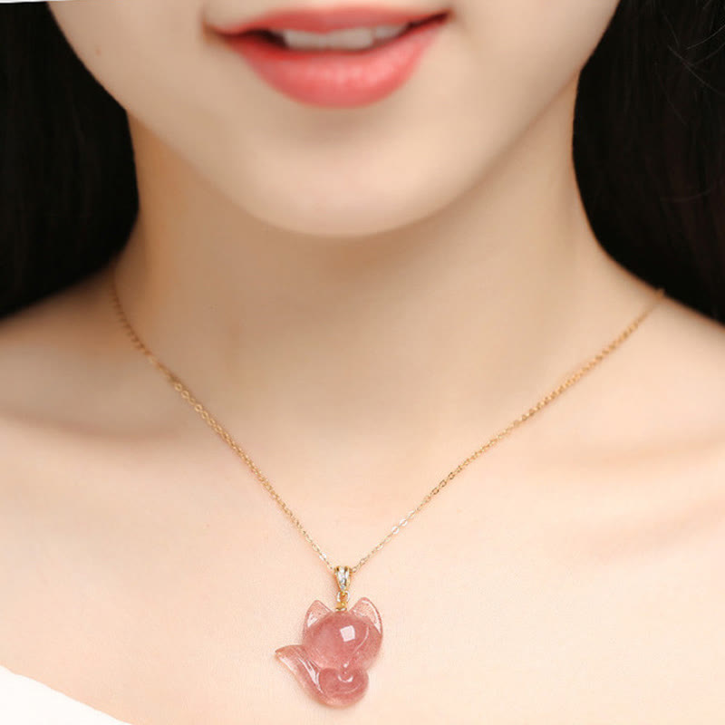 Collana con ciondolo curativo a forma di volpe in quarzo fragola placcato oro 14k, in argento sterling 925 Buddha Stones - image 4