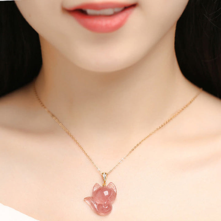 Collana con ciondolo curativo a forma di volpe in quarzo fragola placcato oro 14k, in argento sterling 925 Buddha Stones - image 4