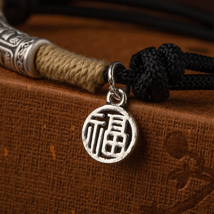 Buddha Stones 999 Sterling Silver Tibet Fatto a mano Om Mani Padme Hum Fu Carattere TopRank Carattere Fortuna Braccialetto Intrecciato - image 5