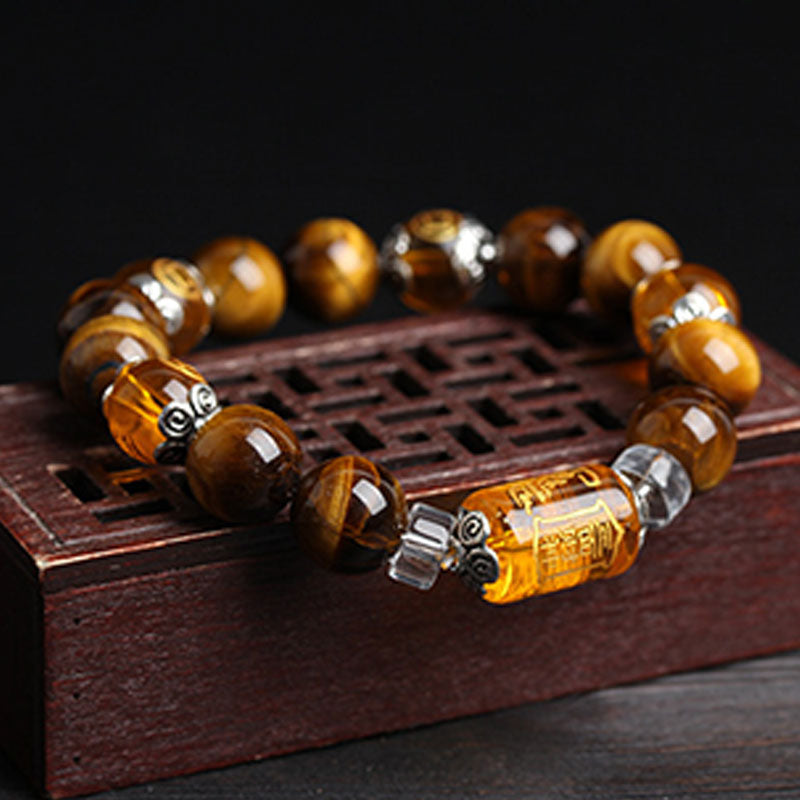 Braccialetto della fortuna e della prosperità con perline di occhio di tigre e Buddha Stones