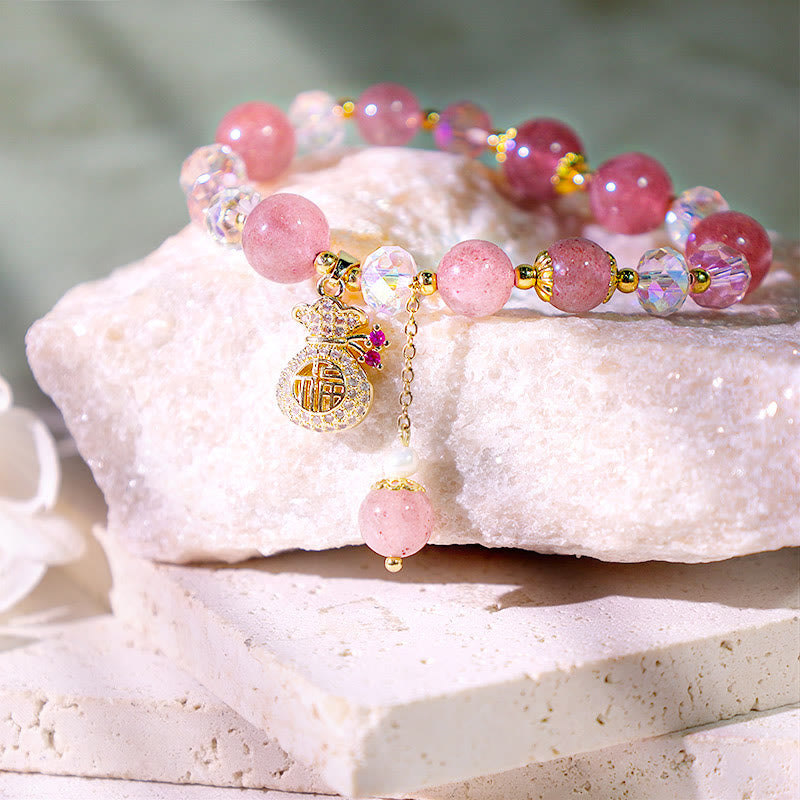 Braccialetto positivo con ciondolo a forma di sacchetto di denaro in cristallo di quarzo fragola naturale Buddha Stones