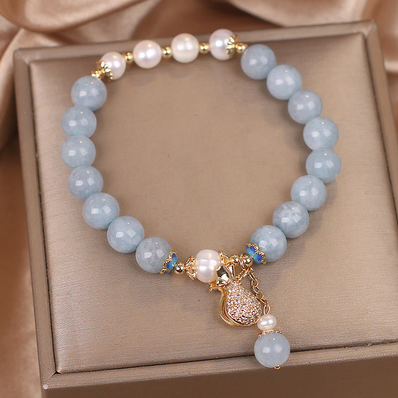 Braccialetto con ciondolo Buddha Stones Aquamarine Pearl Fortune Money Bag