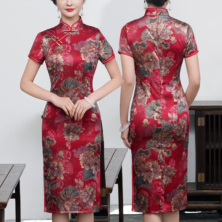 Abito da donna in cheongsam con stampa di piume di peonia e fiori di loto retrò Buddha Stones - Vino Loto Rosso - US16, UK/AU20, EU48 (5XL) - image 14