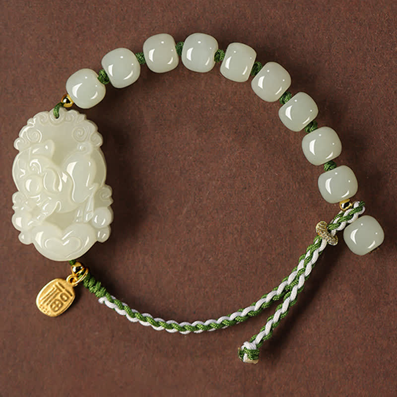 Braccialetto in argento sterling 925 con zodiaco cinese Hetian Jade Happiness Luck String