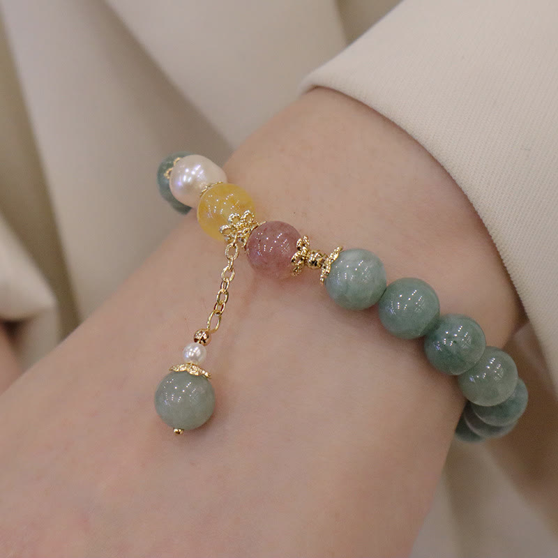 Braccialetto con ciondolo di perle di giada e quarzo fragola, Buddha Stones , abbondanza e fortuna