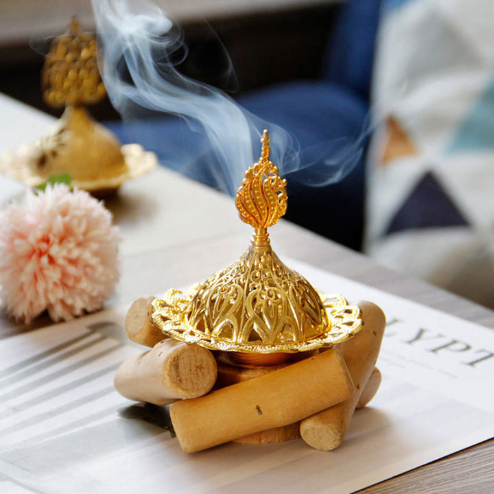 Mini bruciatore di incenso curativo in lega d'oro con sottobicchiere in legno, decorazione per la casa