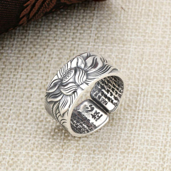 Anello di protezione del sutra del cuore con simbolo del loto in argento sterling 999 Buddha Stones - image 8
