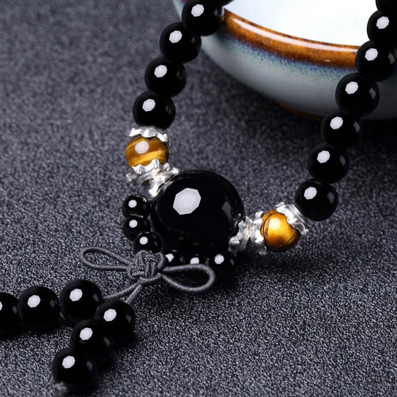 Buddha Stones Bracciale Mala con 108 perle in ossidiana nera naturale e occhio di tigre - image 8