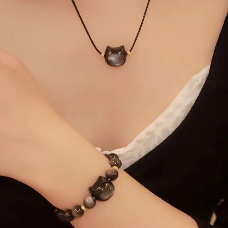 Braccialetto di protezione con gatto portafortuna e zampa adorabile , Buddha Stones, ossidiana lucida d'oro, ossidiana lucida d'argento - image 40