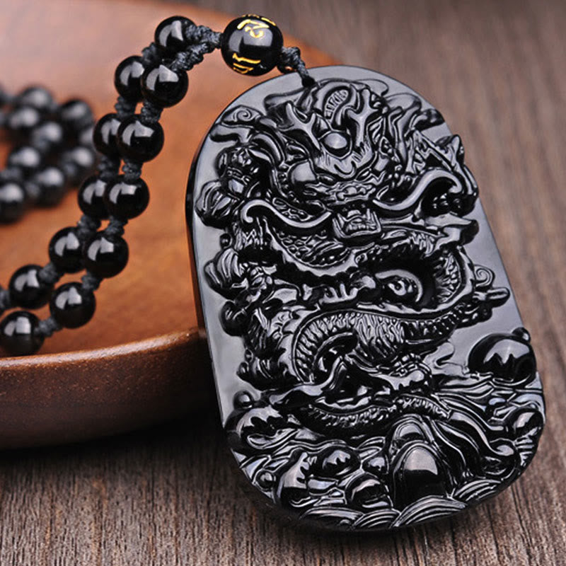 Buddha Stones Collana con ciondolo a forma di drago in pietra di ossidiana nera - image 5