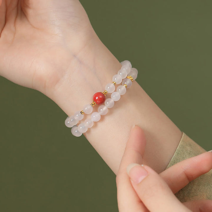 Braccialetto di protezione a doppio giro Buddha Stones in argento sterling 925 con agata bianca naturale e cinabro - image 5