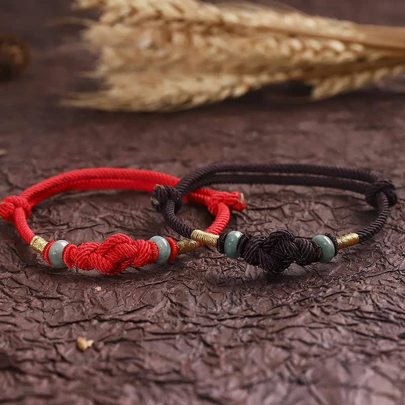 Porta buona fortuna braccialetto di coppia intrecciato con nodo di giada rossa