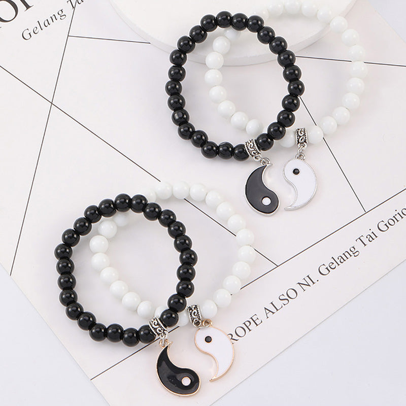 Buddha Stones 2 pezzi Braccialetto di coppia di protezione Yin Yang con perline di turchese bianco e onice nero