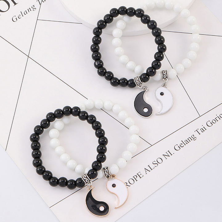 Buddha Stones 2 pezzi Braccialetto di coppia di protezione Yin Yang con perline di turchese bianco e onice nero
