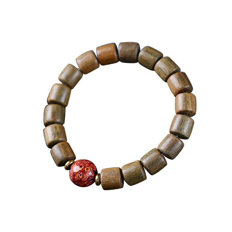 Braccialetto della pace con perline di lacca di sandalo rosso e piccole foglie di sandalo verde naturale Buddha Stones
